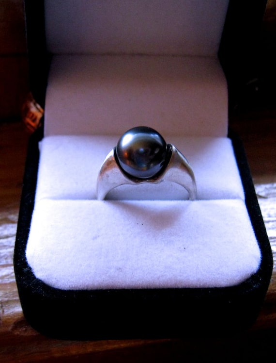 Bad Moon Rising Huge Black Tahitian Pearl Ring 10mm /Cultured South Sea Sterling Silver handmade size 4 5 6 7 8 9 10 11 12 13 fine jewelry