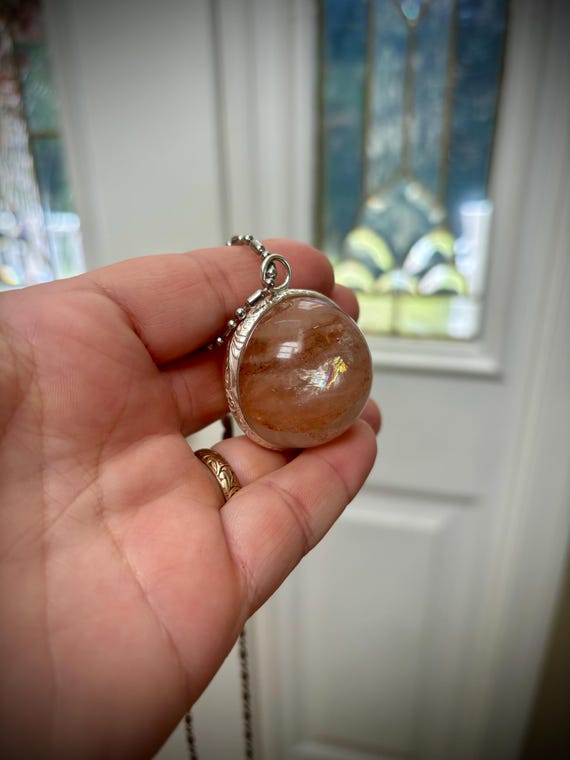 Large Quartz Crystal Ball Sphere w/ rainbow 30mm Copper Pendant Necklace free leather cord included handmade fine jewelry