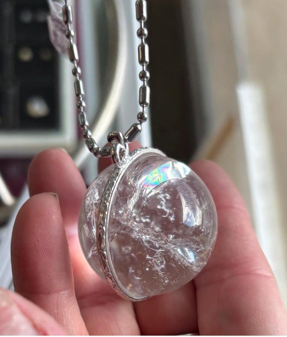 Large Quartz Crystal Ball Sphere W/ Rainbow Pendant Sterling