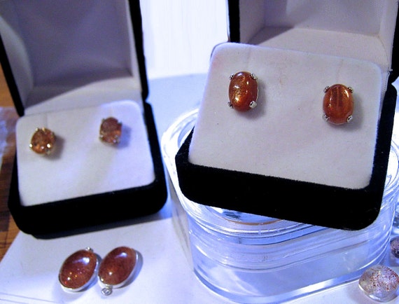 Genuine Fiery Orange Sunstone Stud or Dangle Earrings Sterling Silver custom sizes 7x5 8x6 10x8 14x10mm Copper handmade fine jewelry oddity