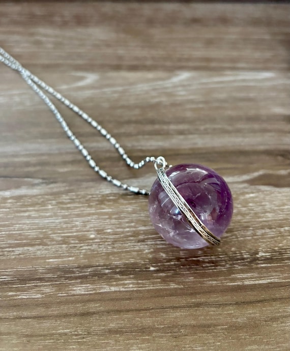 30mm Purple Amethyst orb pendant double bail Sterling Silver Large Sphere Necklace Clear Smoky Quartz ball free chain handmade fine jewelry