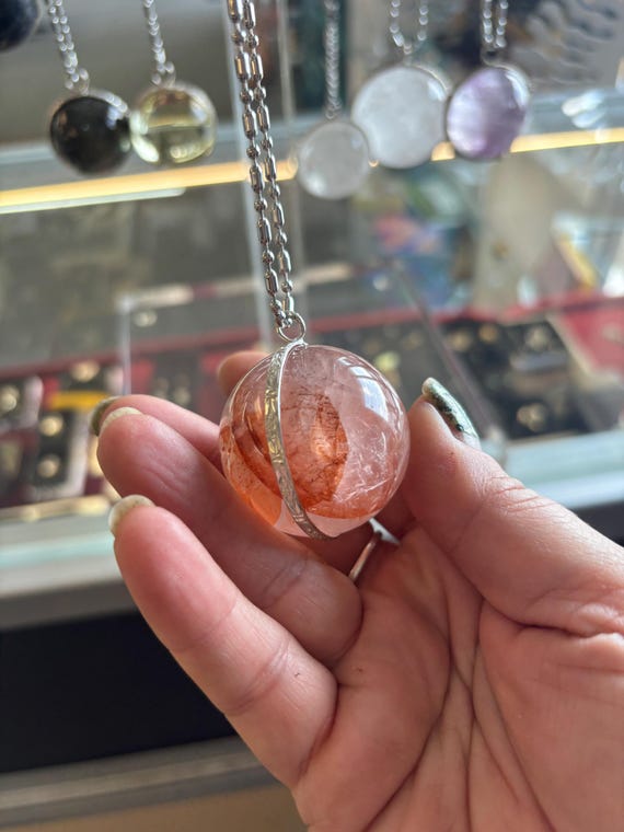 Fire Quartz Crystal Orb Pendant Necklace Sterling Silver Halo Hematoid Sphere Free Chain Included