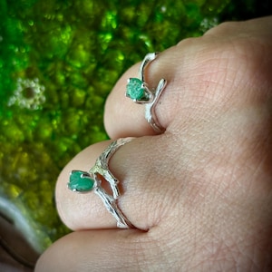 Pixie Sprite Green Emerald Twig Ring Raw Gemstone Sterling Silver Unique Handmade Size 4 5 6 7 8 9 10 Bohemian Natural Oddity earth mine