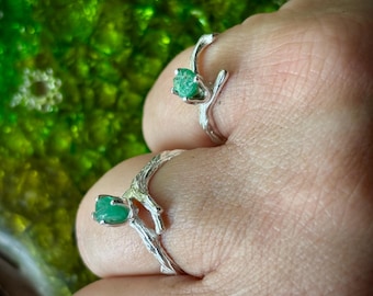 Pixie Sprite Green Emerald Twig Ring Raw Gemstone Sterling Silver Unique Handmade Size 4 5 6 7 8 9 10 Bohemian Natural Oddity earth mine