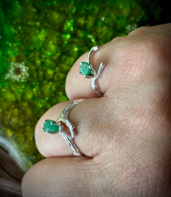 Pixie Sprite Green Emerald Twig Ring Raw Gemstone Sterling Silver Unique Handmade Size 4 5 6 7 8 9 10 Bohemian Natural Oddity earth mine