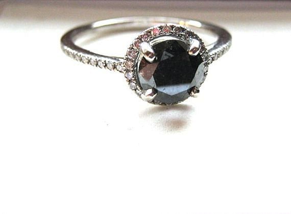 Genuine Black Diamond 7mm Round with White Diam Halo Engagement Wedding Set Ring 1+ cts 14k Gold Handmade size 6 6.5 7 7.5 8 Fine Jewelry