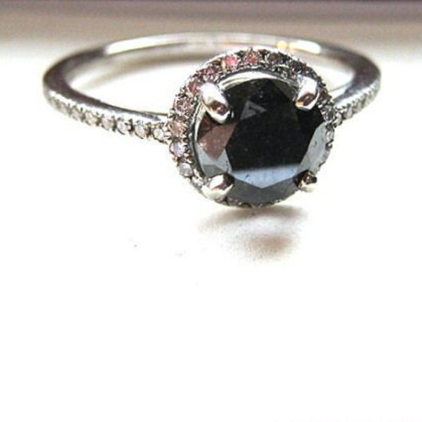 Genuine Black Diamond 7mm Round with White Diam Halo Engagement Wedding Set Ring 1+ cts 14k Gold Handmade size 6 6.5 7 7.5 8 Fine Jewelry