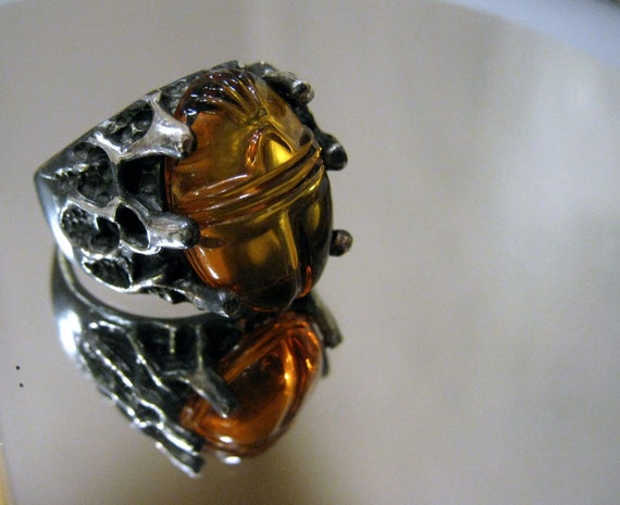 Mummy's Curse Ring Large Genuine Amber Carved Scarab Sterling Silver Handmade Dark Finish Strange size 7 8 9 10 11 12 13 men's fine jewelry