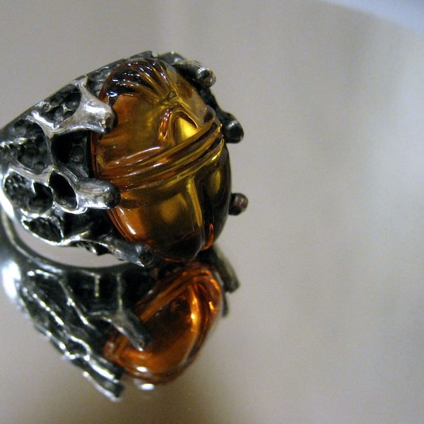 Mummy's Curse Ring Large Genuine Amber Carved Scarab Sterling Silver Handmade Dark Finish Strange size 7 8 9 10 11 12 13 men's fine jewelry