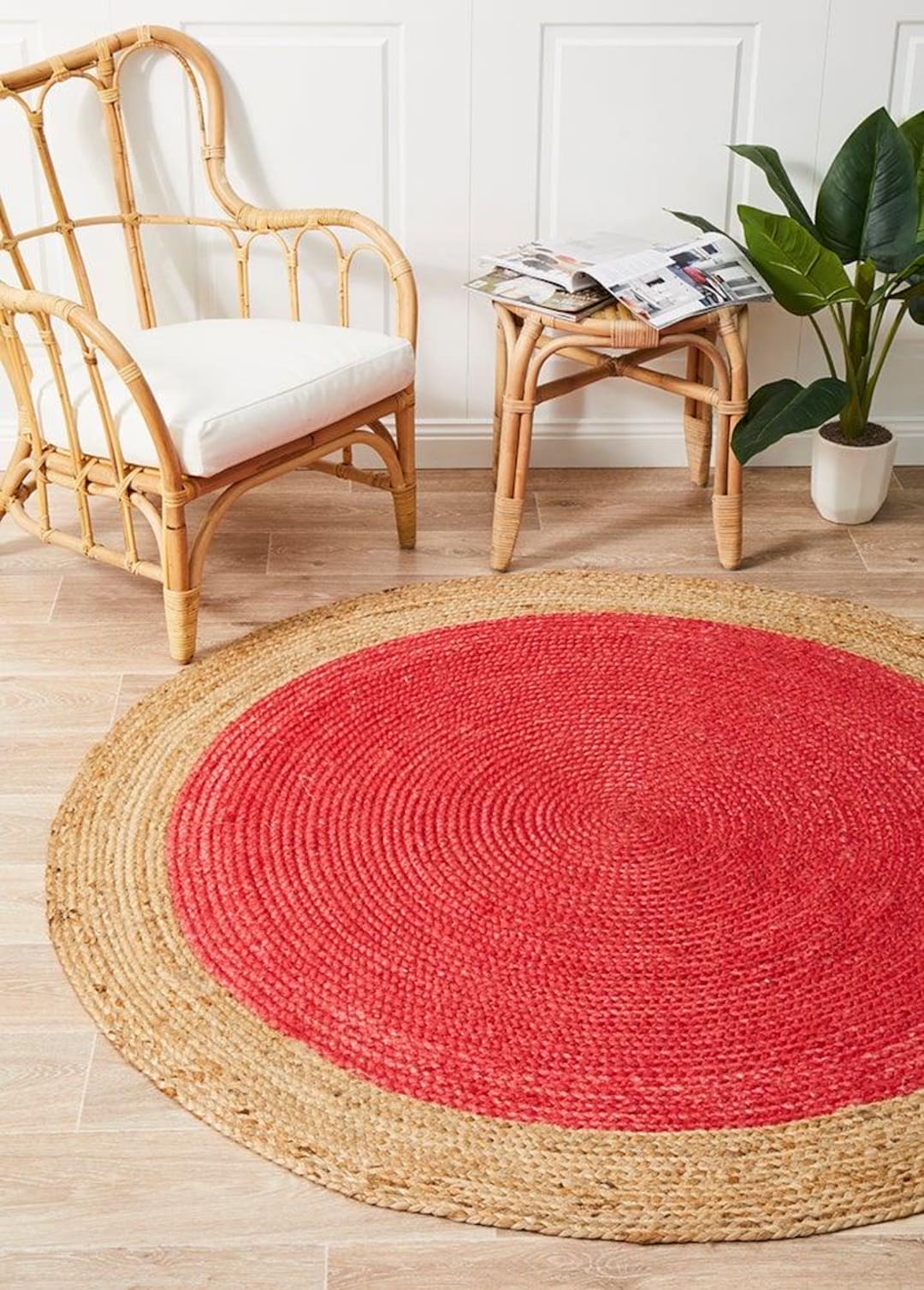 Round Jute Rug Red Handwoven Round Jute Rug With Red Center - Natural Fiber Boho Rug ...