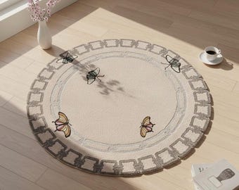 Hand Tufted Wool Round Rug – Butterfly Motif, Beige Carpet