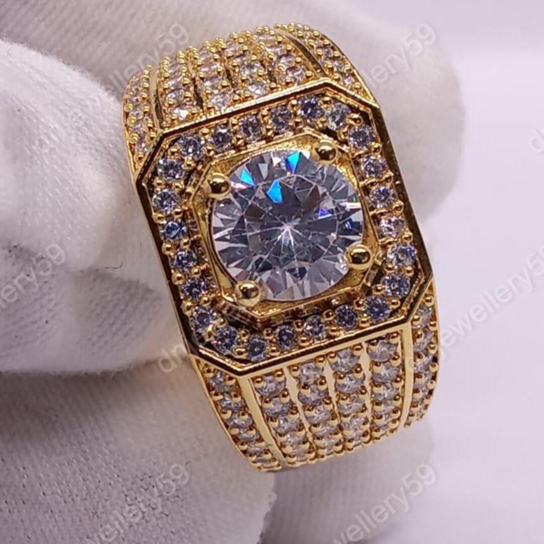 Men's 14K Yellow Gold Plated Ring, Cubic Zirconia Diamond, Sterling ...