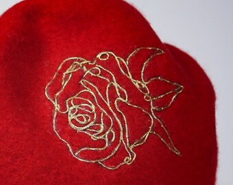 Gold rose beret, hand embroidered hat, Mother's Day, 100% thick pure new Wool Beret, modern, red, gift for mum