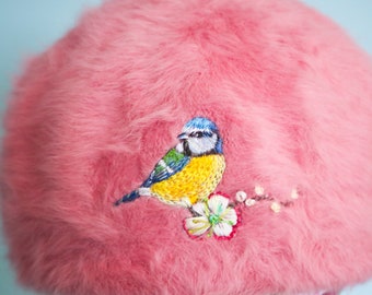Bluetit bird and Cherry Blossoms hat, hand embroidered fluffy pink beret