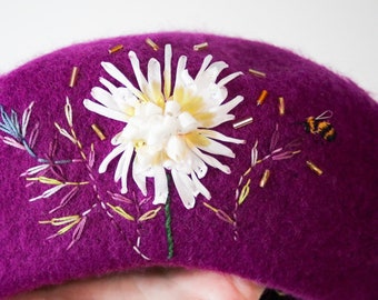 Chrysanthemum flower and Bee hand embroidered beret, 100% thick pure new Wool Beret, Gift for her, purple, gold, embellished hat