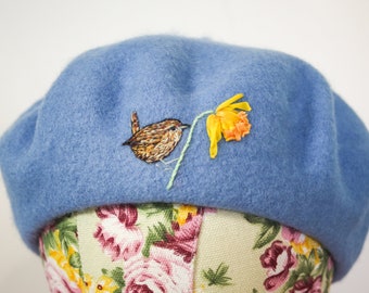 Wren hat, hand embroidered bird with daffodils on wool beret