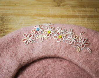 Hand Embroidered Broderie lace cut-out effect flowers on pink new wool beret, flower hat, vintage style flowers, mothers Day, gift for her