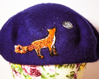 Fox and moon hat, hand embroidered wool beret