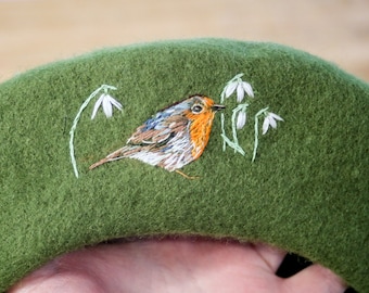 Robin hat, hand-embroidered woolmark beret with snowdrops, gardening gifts, gift for her, bird hat, green