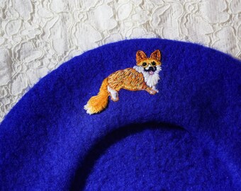 Beret with hand embroidered Queens Corgi dog in Royal blue, British design, French style, winter hat, gifts for her, slow stitching