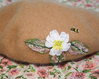 Unique Hand Embroidered Camel French Beret Hat, Primrose flower and Bee, 100% thick pure new Wool Beret, Gift for her, Vintage Style, boho