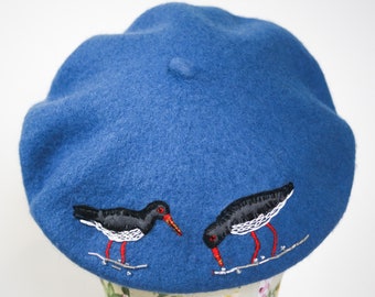 Oystercatchers hand embroidered on woolmark beret, sea birds, nautical art, contemporary design, kitsch hat, bird hat, blue, sea theme