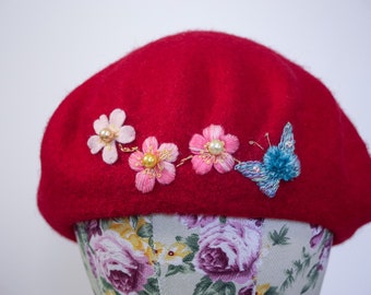 Cherry blossom and butterfly embroidered woolmark beret with Swarovski elements, embroidered hat, Japanese cherry blossoms, gift for her,