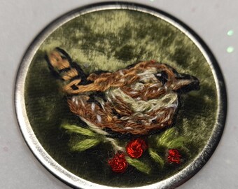 Wren brooch, hand embroidered wren on silk velvet, bird pin, gift for her, British birds