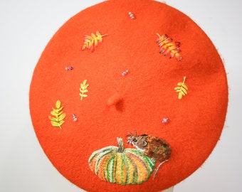 Unique Hand embroidered harvest mouse and pumpkin beret, vintage folk style, 100% pure new wool mark beret, gift for her, silk ribbon