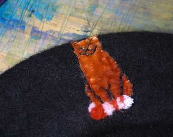 Ginger cat hat, cute fluffy cat on black wool beret