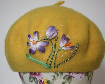 Uniqe Hand embroidered purple crocus flowers on a yellow beret hat, hand crafted, gifts for her, slow fashion, 100% thick pure new wool