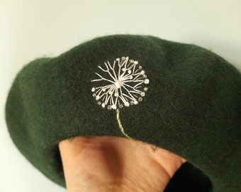 Hand Embroidered Dandelion clock beret, hat, Mother's Day, Spring, 100% thick pure new Wool Beret, Vintage Style, green, folk art