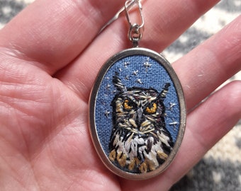 Hand embroidered owl and stars pendant with sterling silver chain, owl gift, barn owl, gift for her, British birds