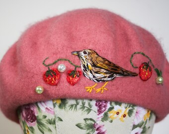 The Strawberry Thief style hand embroidered beret, strawberry and song thrush hat, gift for her, William Morris, Woolmark, bird hat