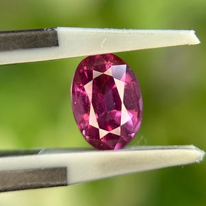 以下が含まれることがあります： 金属製のピンセットで保持された、鮮やかなオーバルカットのマゼンタ色の宝石。石の表面はファセットカットされており、光を反射して、透明な構造全体に深いピンクと赤の色合いを見せています。背景は柔らかな緑色です。