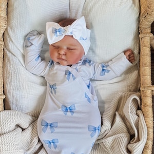 Blue Bow Baby Gown and Headband Set – Newborn Knotted Gown with Fold-Over Mittens | Bloom & Bramble Baby Co