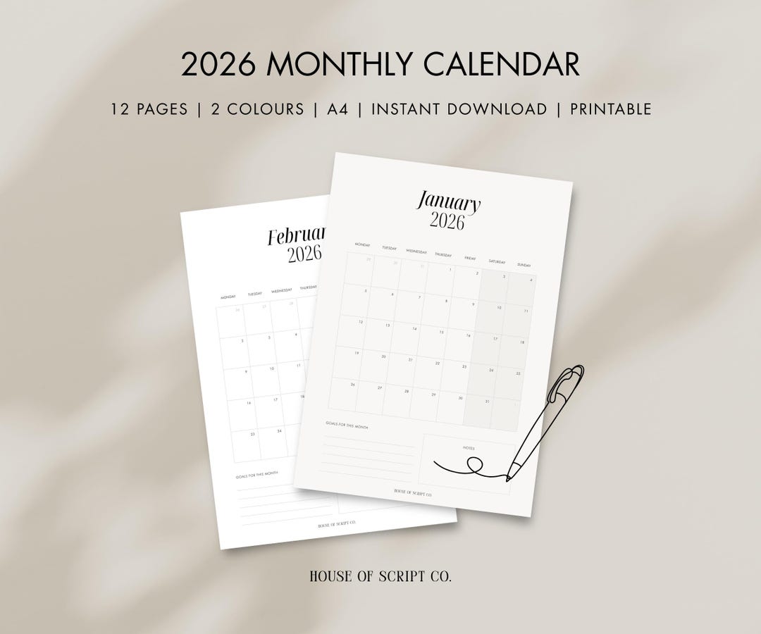 2026 Monthly Calendar | A4 Printable Minimal Calendar, Goals and Notes