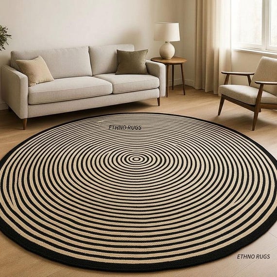 Round Black and Ivory Rug – Modern Concentric Circle Area Rug for Living Room & Bedroom