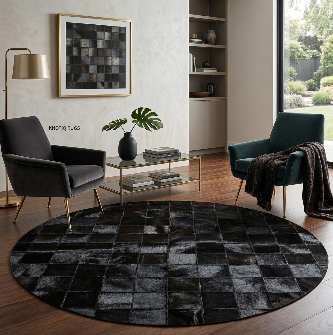Round Hide Rugs Black Checkered Cowhide Rug - Round Patchwork Brazilian Hide Area Rug ...