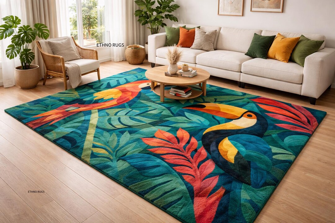 Hand Tufted Wool Rug, Tropical Parrot & Toucan Design, Jungle Decor - Etsy