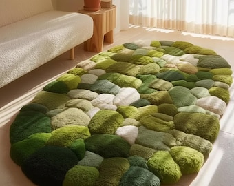 3D Moss Pebble Rug • Plush Green Stone Carpet