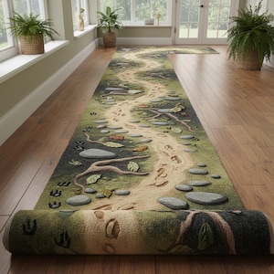 Puede incluir: Una alfombra de pasillo enrollada con un diseño inspirado en la naturaleza. La alfombra presenta un camino con huellas, piedras, hojas y ramas de árboles sobre un fondo verde y beige. La alfombra está desenrollada sobre un suelo de madera.