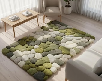 3D Pebble Stone Rug, Green Nature-Inspired Floor Mat
