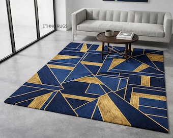 Blue and Gold Geometric Rug | Modern Art Deco Carpet