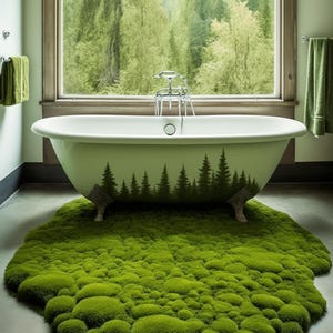 May include: A bathroom with a light green clawfoot bathtub, decorated with a forest silhouette. A vibrant green moss-like rug is on the floor. The large window provides a view of a lush green forest, enhancing the natural theme.