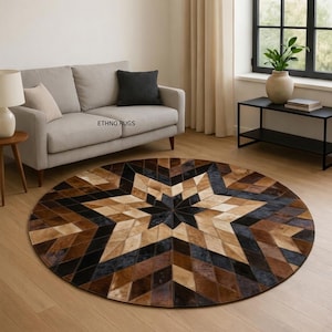 Handmade Round Cowhide Patchwork Rug | Rustic Western Decor