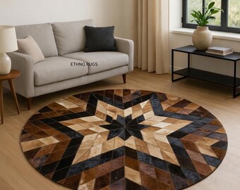 Handmade Round Cowhide Patchwork Rug | Rustic Western Decor