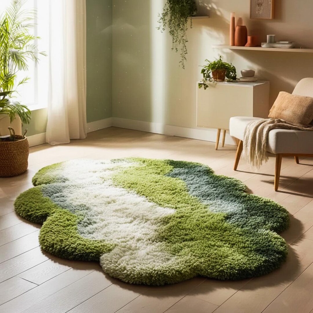 Cloud Shape Shag Rug | Green Abstract Modern Carpet - Etsy