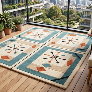 Handmade Mid Century Atomic Starburst Area Rug – Tufted Teal Blue, Terracotta & Cream Grid Carpet