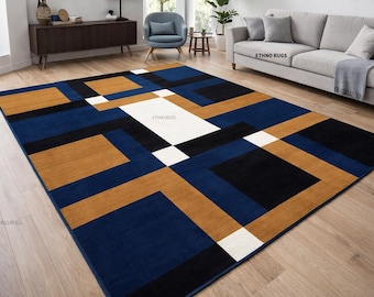 Modern Geometric Area Rug, Navy Blue, Brown, Black, White